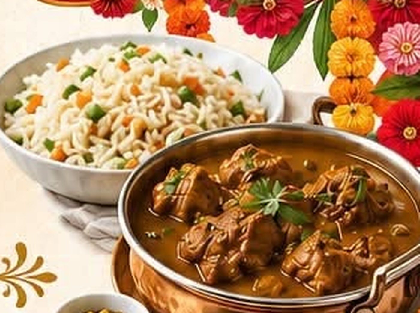 Nepali goat curry and pulao rice ready to serve